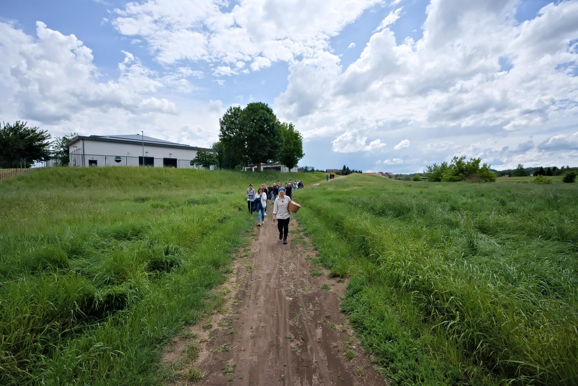 Artist Henriette Aichinger leading a group of people on a path between bright green grass